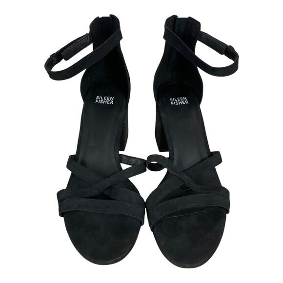 Eileen Fisher NWOB Jazzy Block Heel Sandal Size 9.5 Black Suede Open Toe Nubuck - Picture 2 of 8